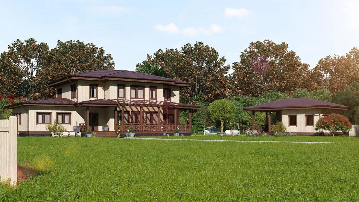 Вид на деревянный дом "Каса Ривалто" компании NATURI и гостевой домик-баню