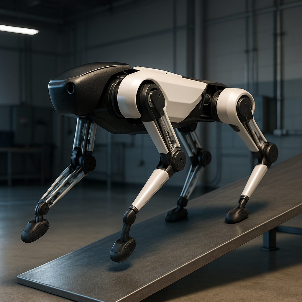 КАРА демонстрирует уверенное движение по наклонной платформе в лаборатории, подчёркивая бесшумные канатные приводы и высокоточную механику в прозрачных секциях её ног.