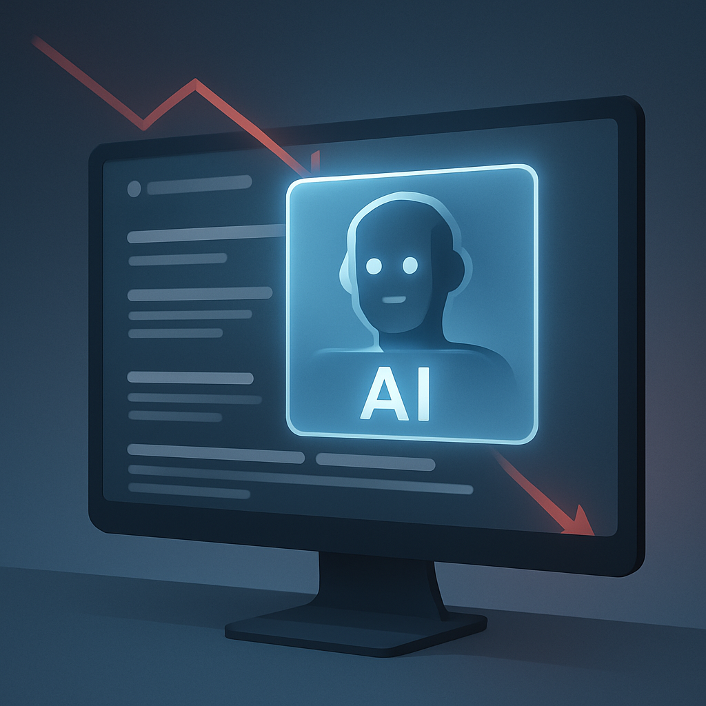 На мониторе ярко подсвеченный AI‑ответ затмевает традиционные результаты поиска; на фоне красная нисходящая линия символизирует падение кликов.