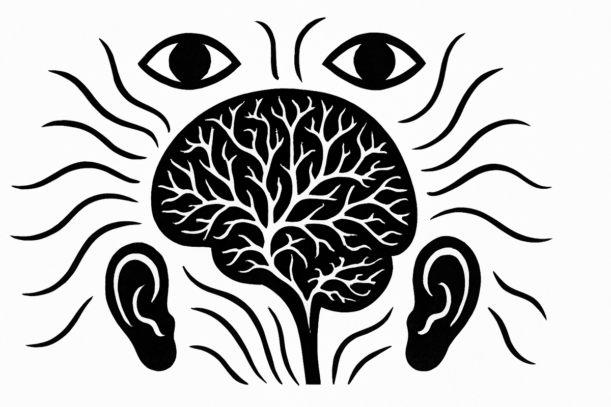 Символическая визуализация мозга как центра восприятия и мышления, выполненная в стиле силуэтного искусства.