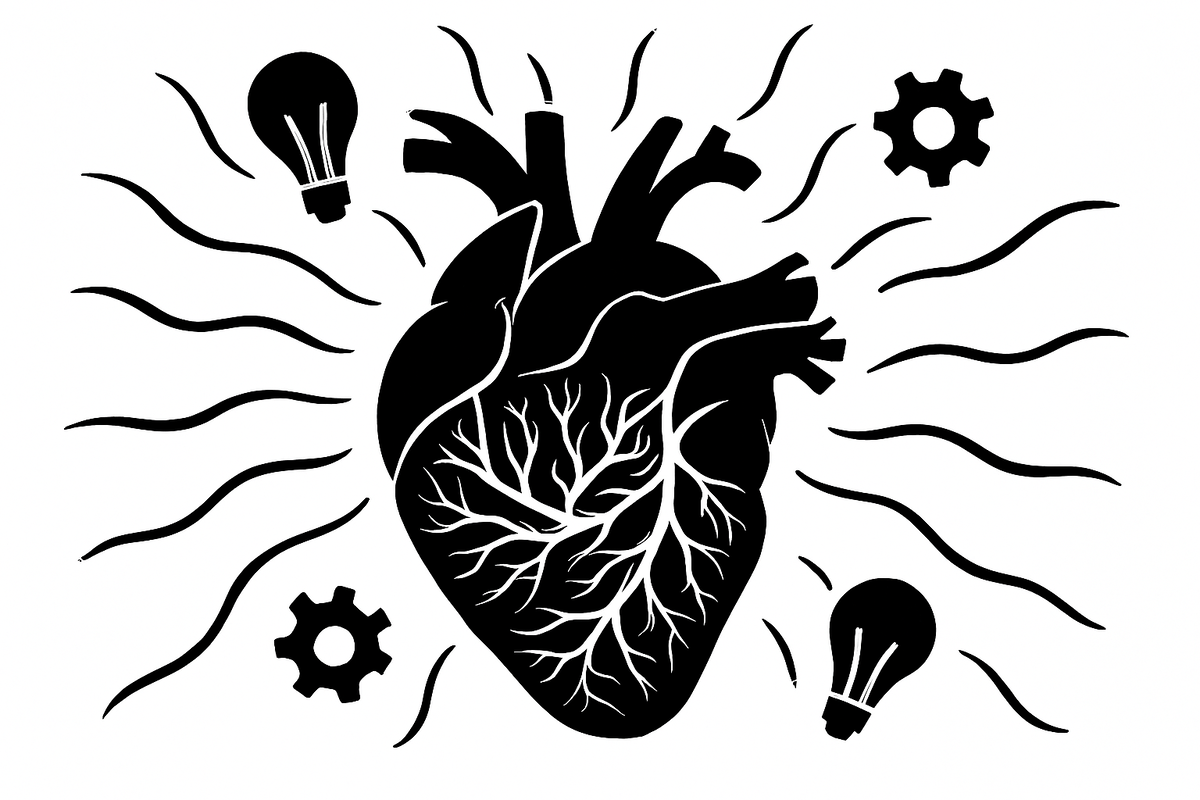 Сердце, стилизованное как мыслящий орган, с нейронными узорами, импульсами и символами размышления — в стиле силуэтного искусства.