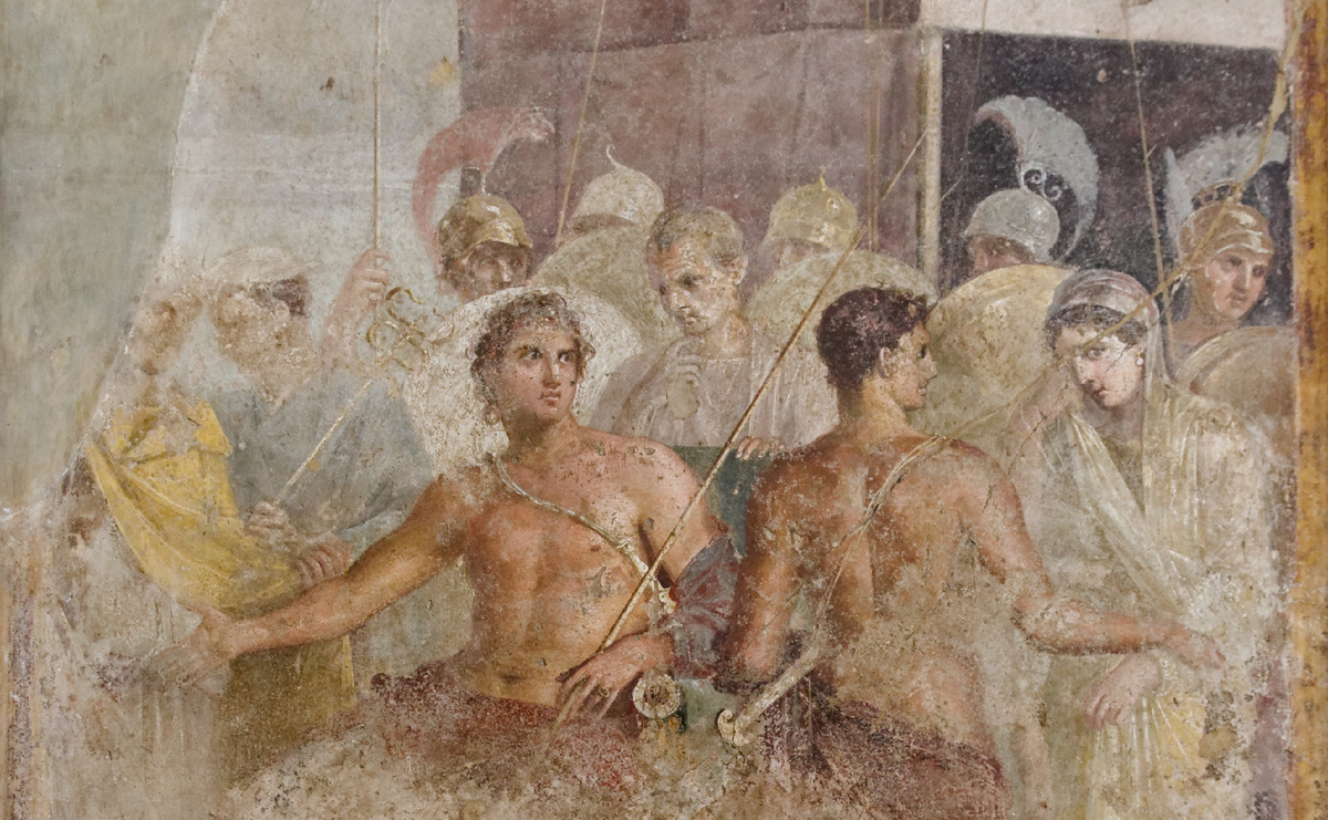 Фрагмент фрески из Помпей I века н. э. "Ахиллес и Брисеида", на которой изображена сцена из «Илиады», где по приказу Агамемнона похищенную троянскую принцессу и жрицу Брисеиду уносят от Ахиллеса.