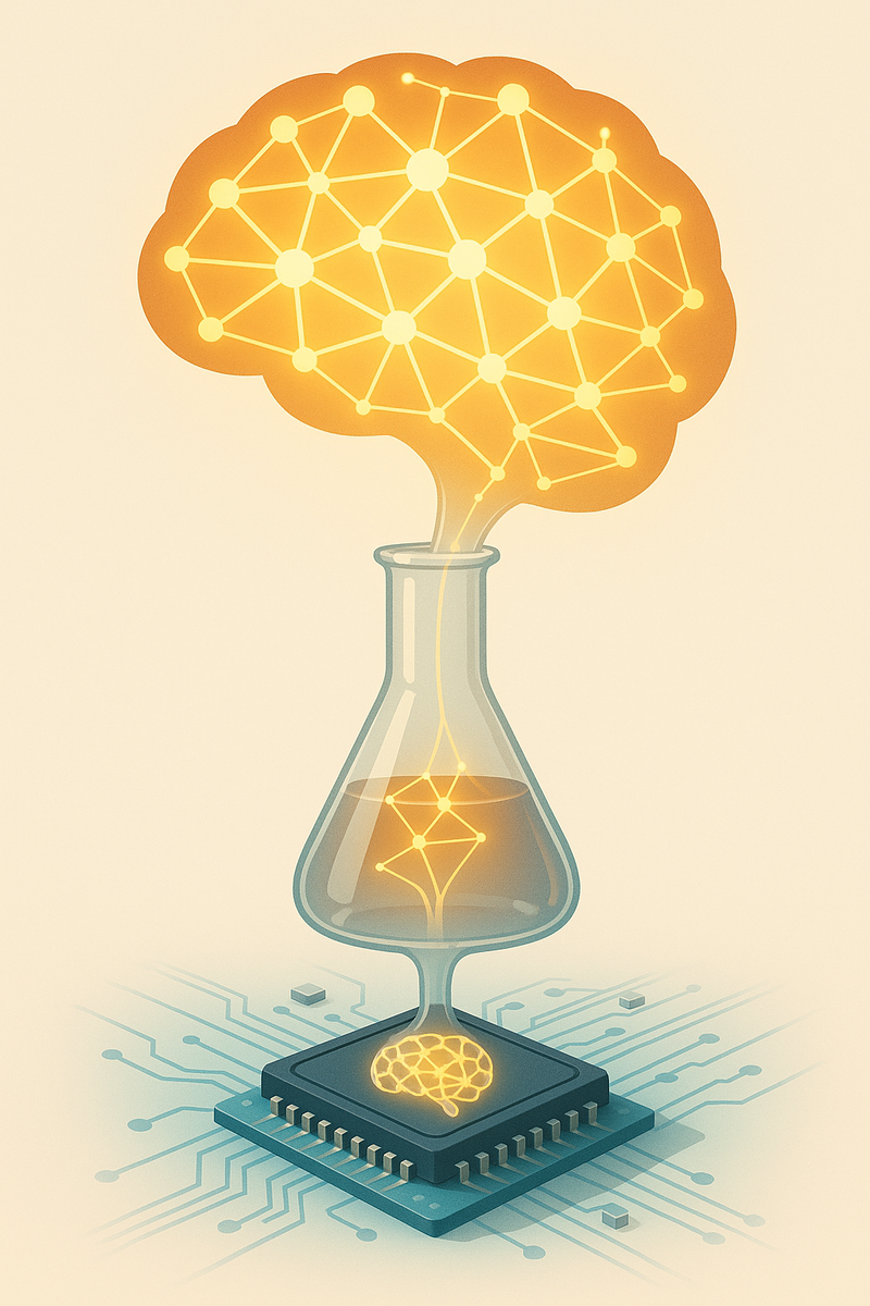 Светящаяся «большая» нейросеть через стеклянную колбу «перегоняется» в мини‑модель внутри микрочипа—визуальная метафора дистилляции, делающей ИИ компактнее и дешевле.