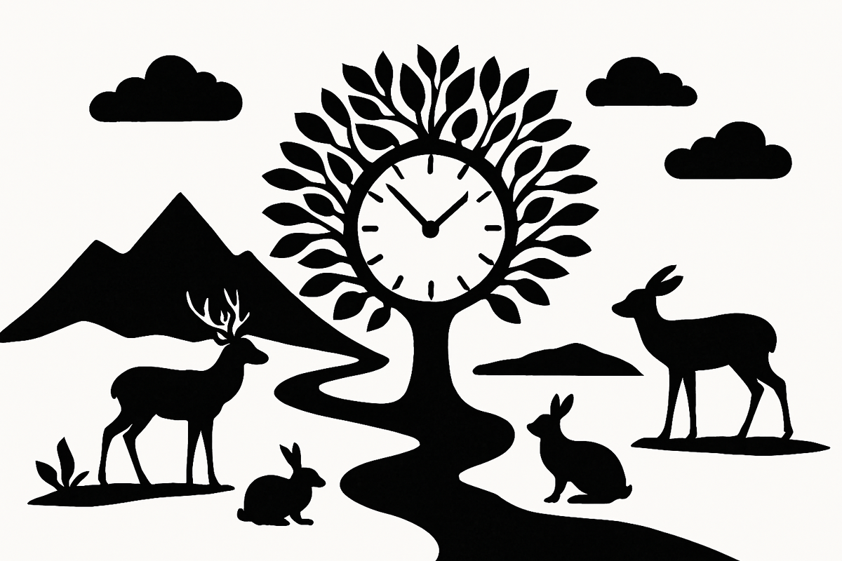 Время как часть природы — часы в форме дерева, окружённые горами, рекой, облаками и животными, отражают ритмы жизни