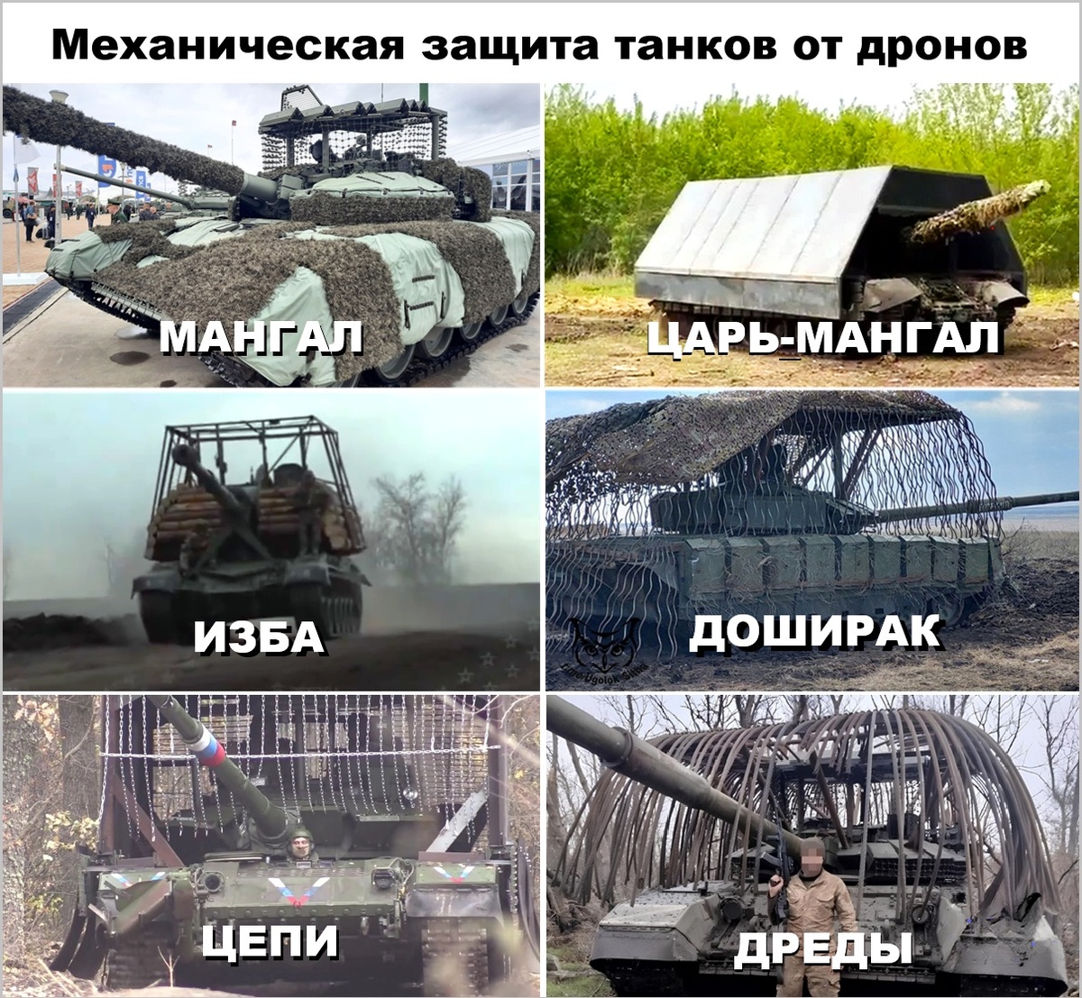 На фотографии: механическая антидроновая защита российских танков: «мангал», «Царь-мангал», «изба», «Доширак», «цепи» и «дреды». Фото защиты современных танков от дронов-камикадзе.