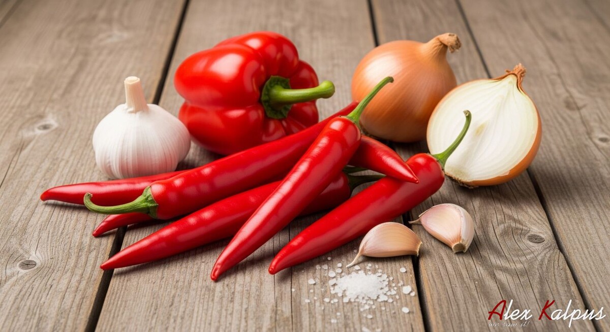 Ингредиенты для рецепта острого грузинского соуса из красного перца цицака и сладкой паприки (не аджика)