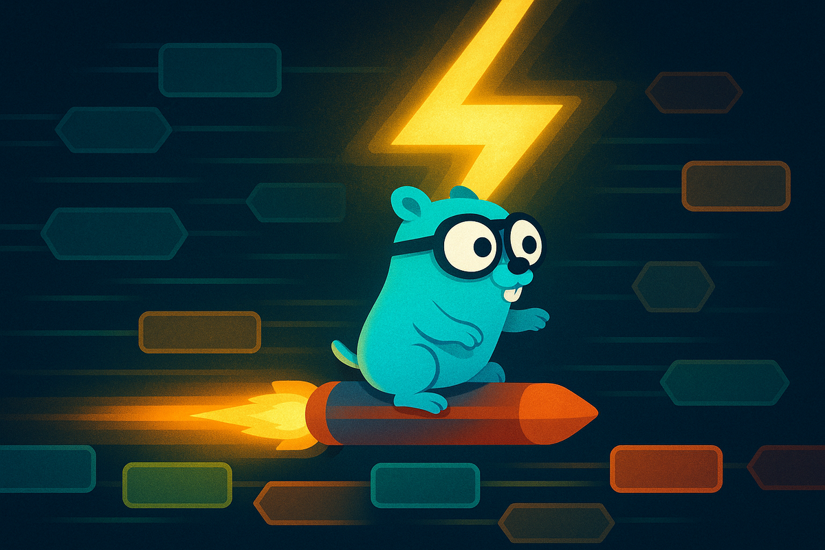 Гофер Go мчится на ракетe сквозь поток цветных «пакетов» и молнию скорости, визуализируя гипер‑быстрый парсинг Protobuf библиотеки hyperpb.