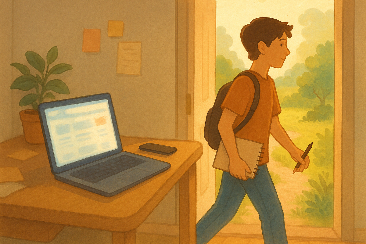 Молодой человек закрывает ноутбук и, взяв блокнот, выходит через распахнутую дверь в залитый солнцем сад — визуальный призыв оставить интернет‑скроллинг и посвятить июль реальным проектам и встречам.