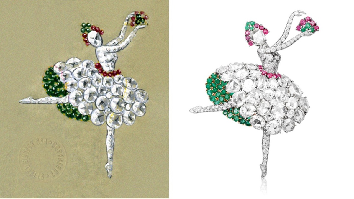 Эскиз 1941 года к модели «Danseuse espagnole», и сама брошь Van Cleef&Arpels