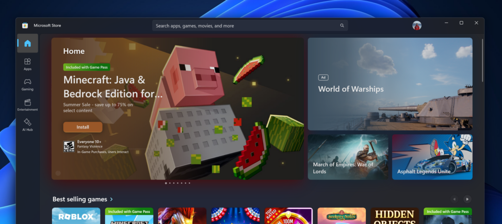 Изображение: Microsoft. Скачивание и установка приложений и игр напрямую на главной странице приложения "Магазин Майкрософт" ("Microsoft Store").