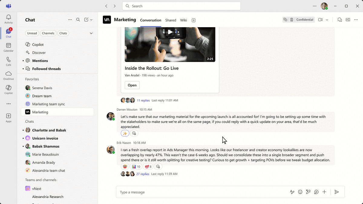 Изображение: Microsoft. Просмотр сообщений в каналах в виде цепочек/ветвей в "Microsoft Teams".