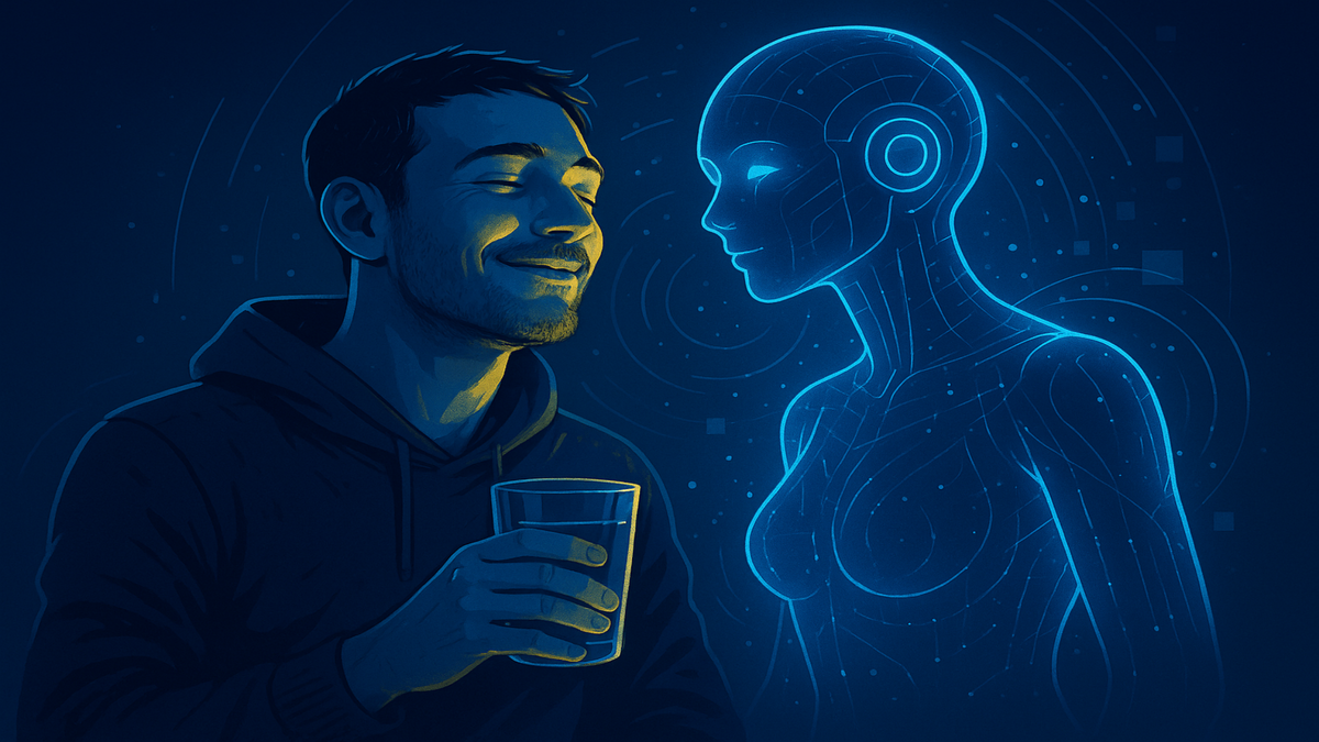 Молодой человек с закрытыми глазами и лёгкой улыбкой держит в руке стакан, напротив него — голографический силуэт ИИ. Визуал передаёт момент цифровой эйфории и замены привычных удовольствий нейроинтерфейсами будущего.