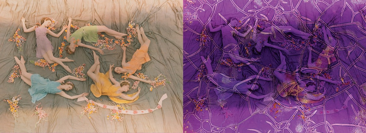 Эта фотография танцевального представления в Миссисипи, сделанная в 1937 году и впервые оцифрованная в 2008 году (слева), была создана с использованием Dufaycolor, одной из первых цветных плёнок. К 2023 году она подверглась химическому разрушению, известному как «синдром уксуса».