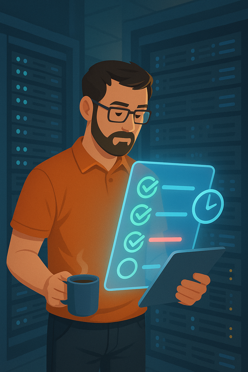 Сисадмин в серверной изучает светящийся чек‑лист: большинство пунктов отмечены, один только что добавлен — напоминание, что даже неполный список спасает от забытых задач.