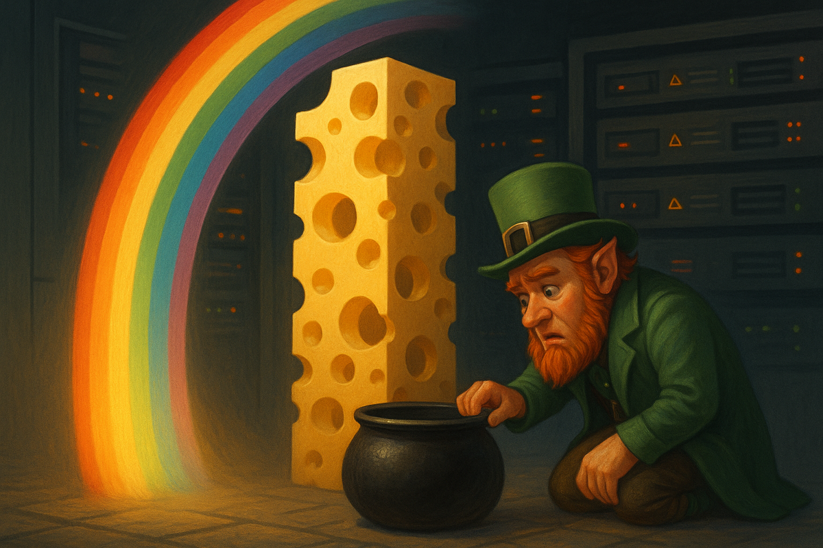 Лепрекон недоумённо глядит в пустой котёл у конца радуги, ведущей к башне швейцарского сыра в тёмной серверной — напоминание, что «корневого» золота нет, сбои рождаются из множества дыр.