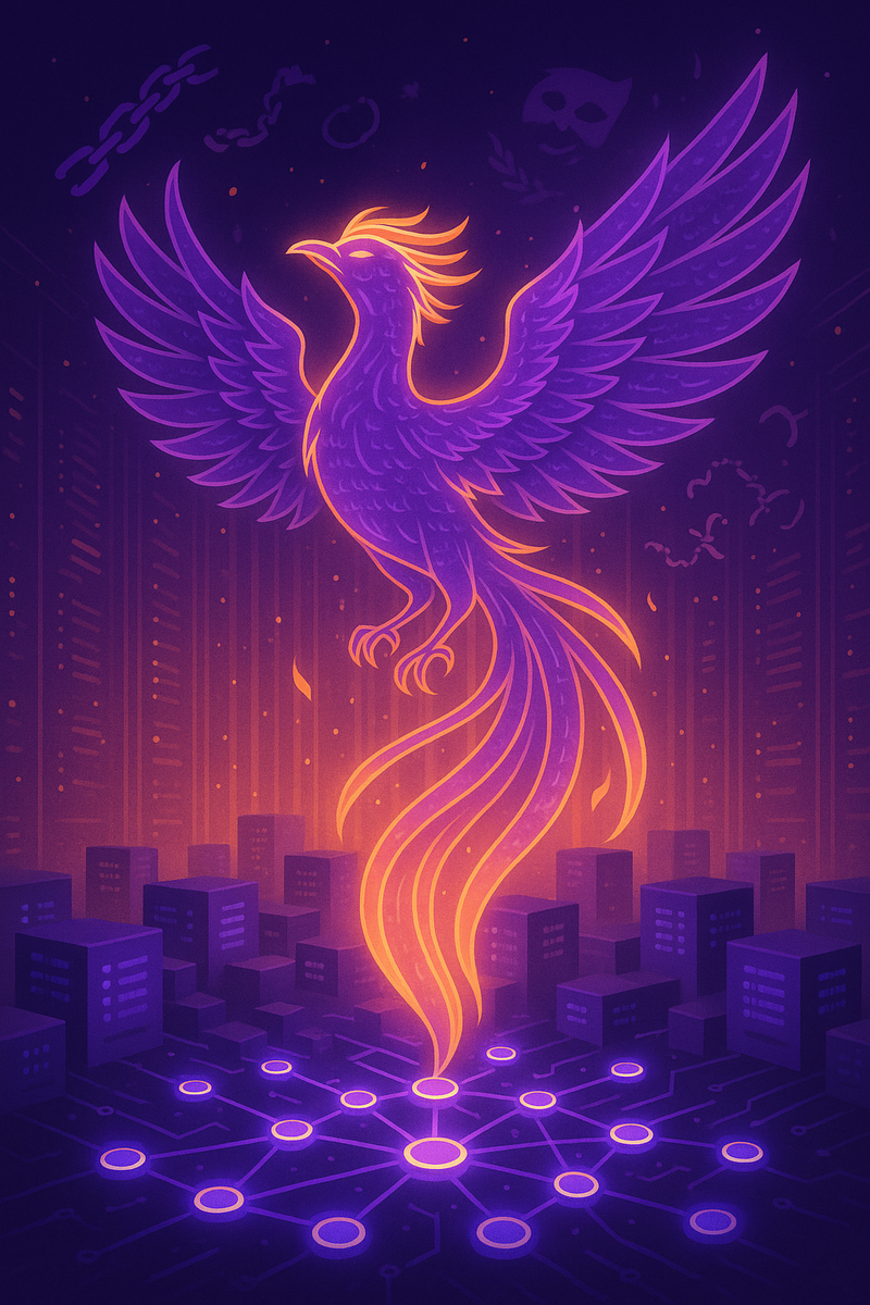 Фиолетовый феникс из строк Elixir взмывает над сетью светящихся узлов BEAM, разрывая цепи мифов и символизируя масштабируемость и возрождение идей языка.