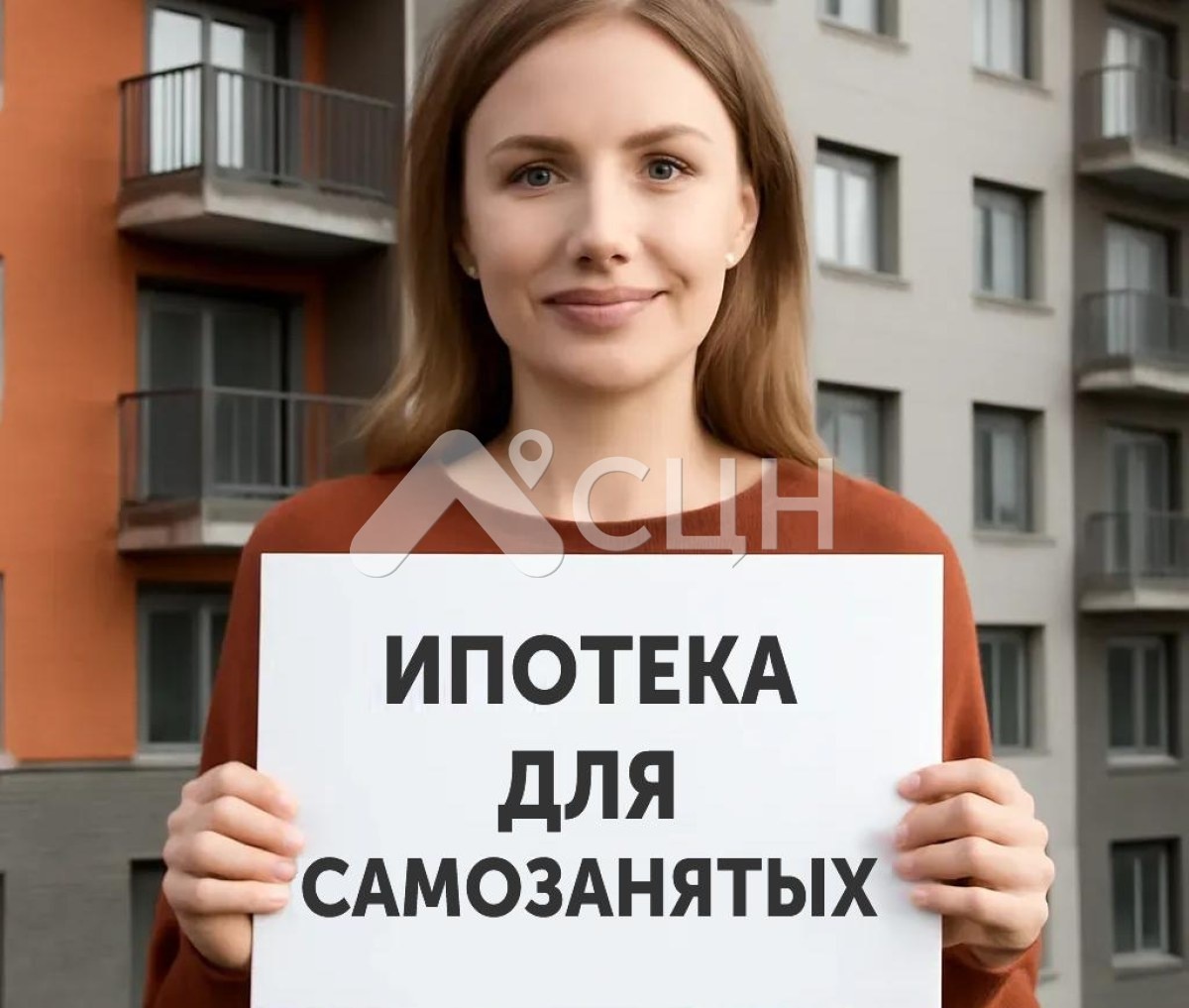 На фото девушка самозанятая с плакатом и надписью на нём "Ипотека для самозанятых"