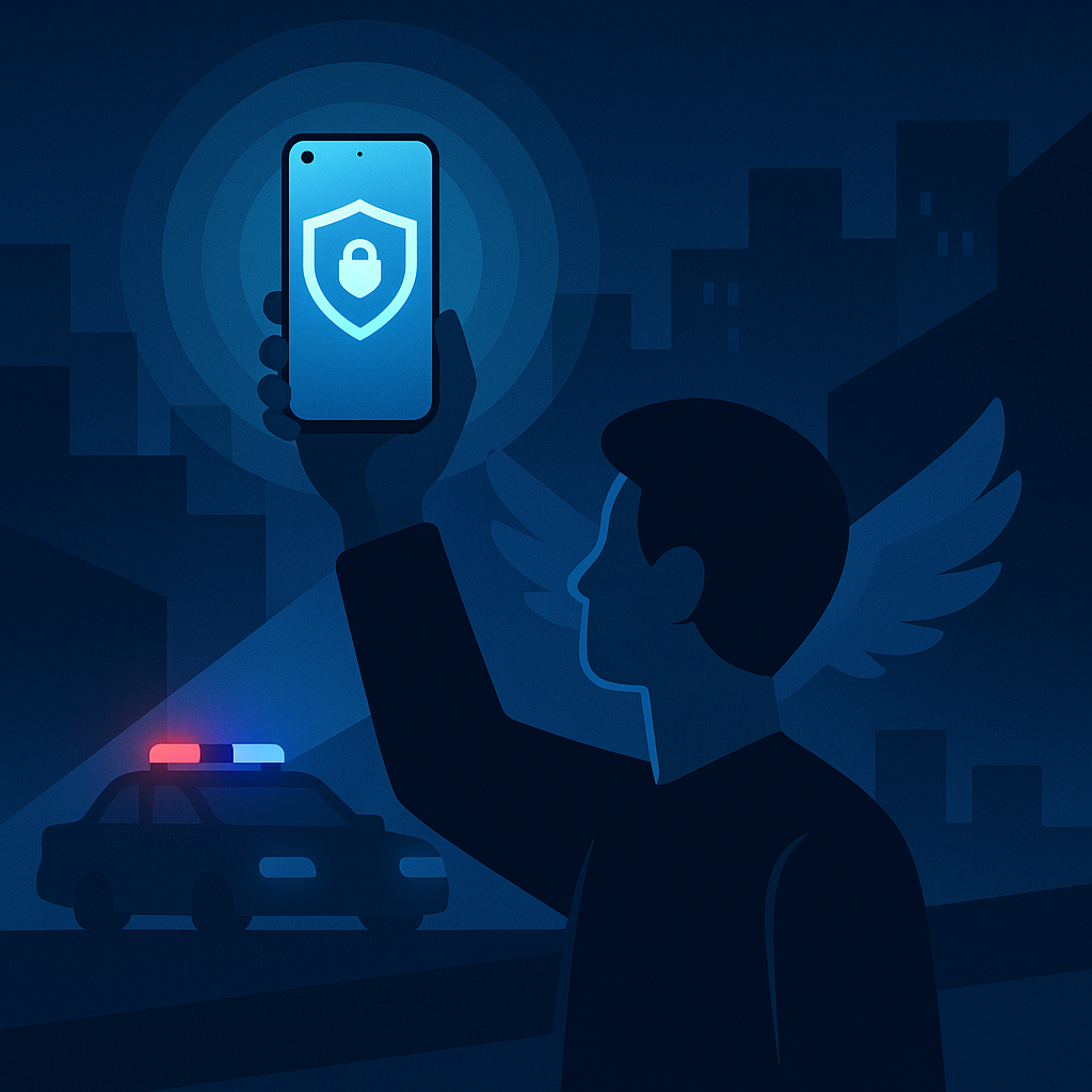 Пользователь поднимает Pixel с сияющим щитом GrapheneOS на экране, тогда как за спиной мигают полицейские огни — кадр о том, что приватность ≠ вина.