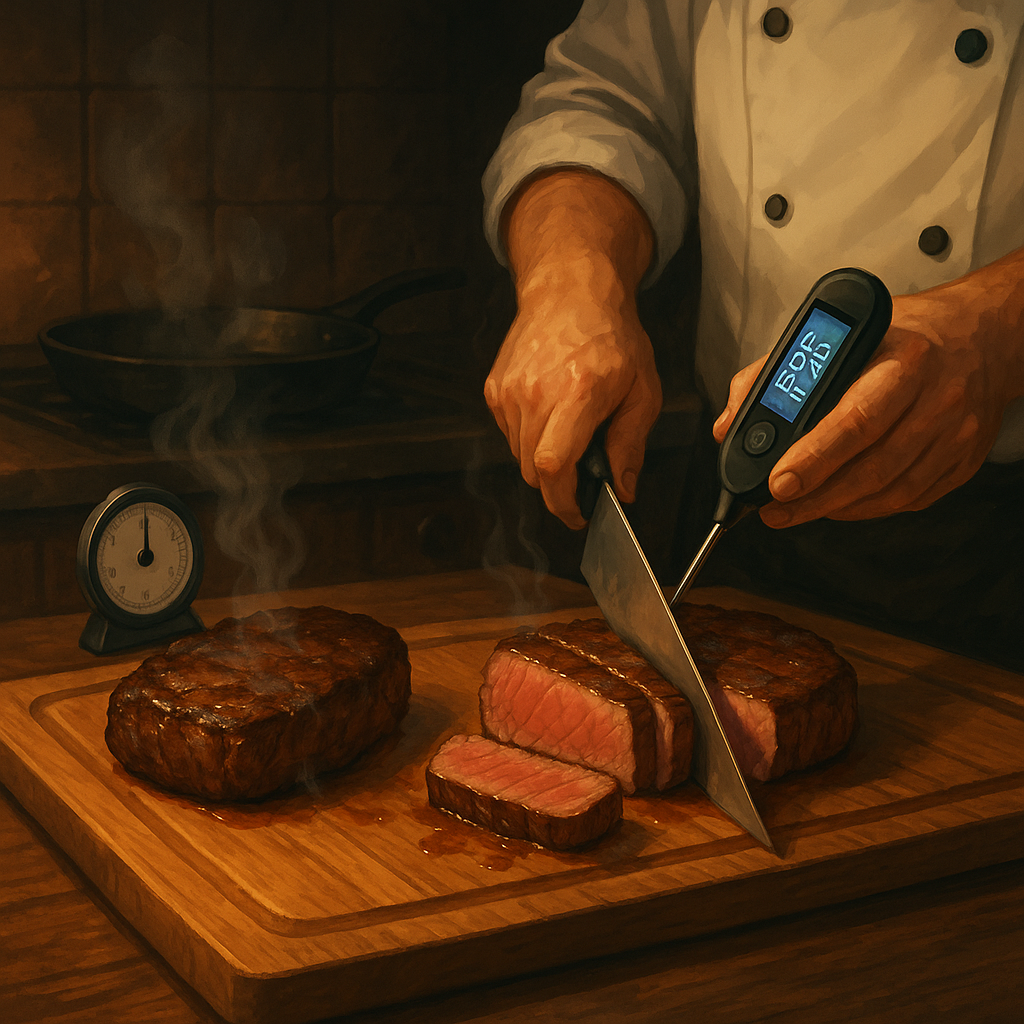 Шеф сразу нарезает дымящийся стейк, одновременно измеряя температуру термометром — таймер рядом напоминает: отдых нужен лишь для точных градусов, а не для «удержания соков».