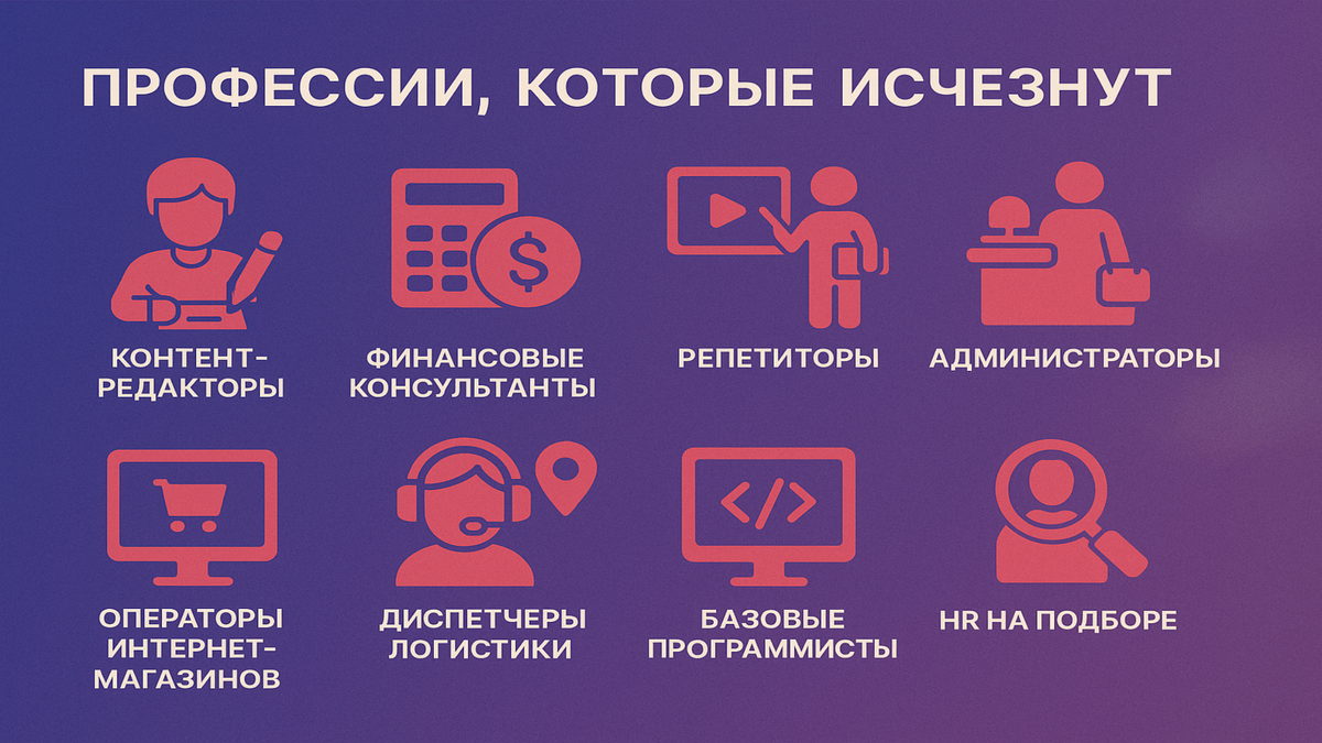 🔻 Профессии, которые раньше казались “вечно нужными”, уходят с рынка — потому что задачи теперь решает ИИ. Сколько из них были в твоём окружении?
📌 Важно: уходит не название, а форма труда.
