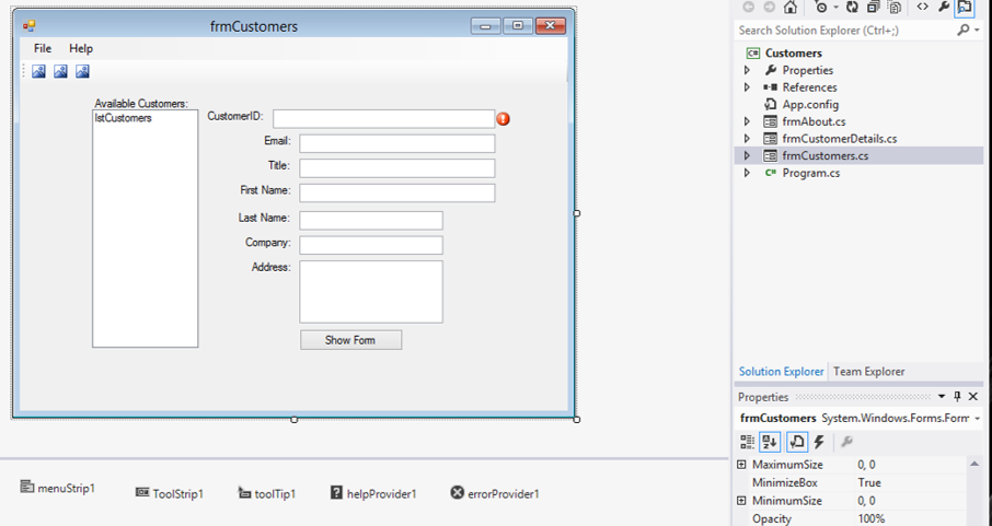 Визуальный дизайнер форм Windows Forms в IDE Visual Studio