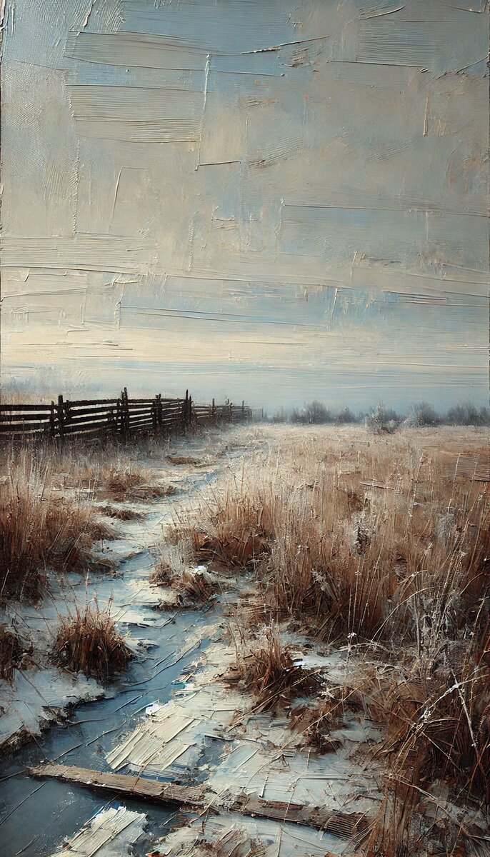 Безлюдное зимнее поле с инейной травой