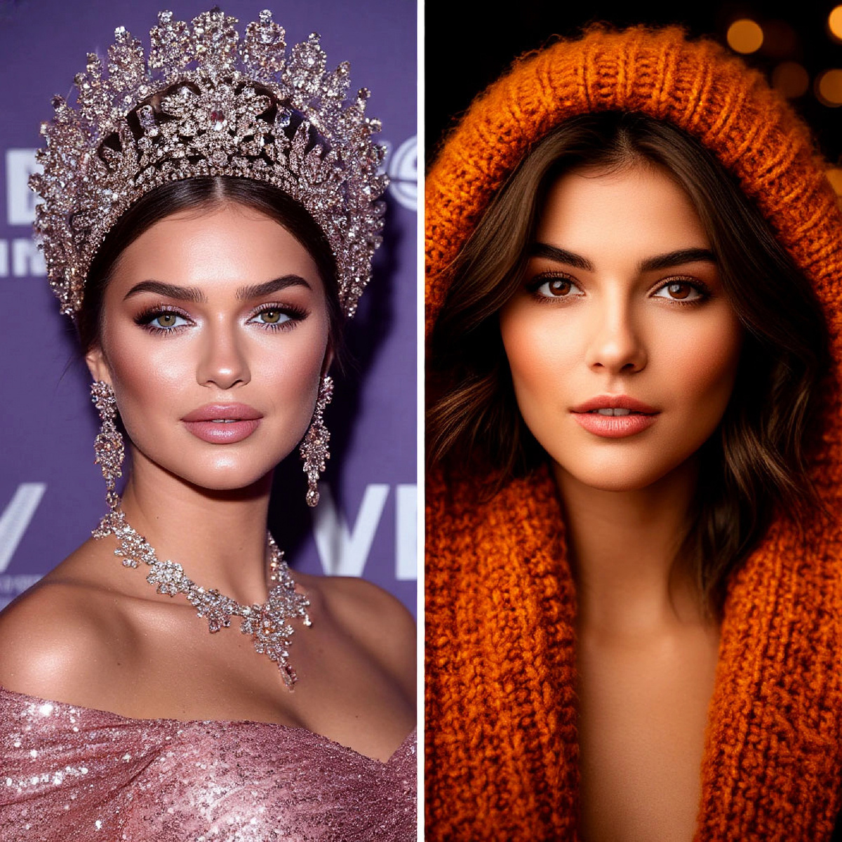 Контрастное изображение. Слева - гламурный, но холодный образ (красота/статус). Справа - уютный, теплый