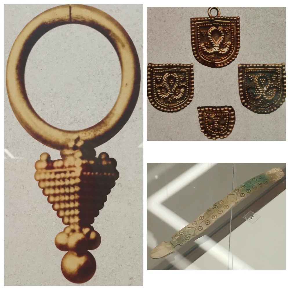 Вещи из погребения: золотая серьга / золотые накладки /колчанная накладка из кости