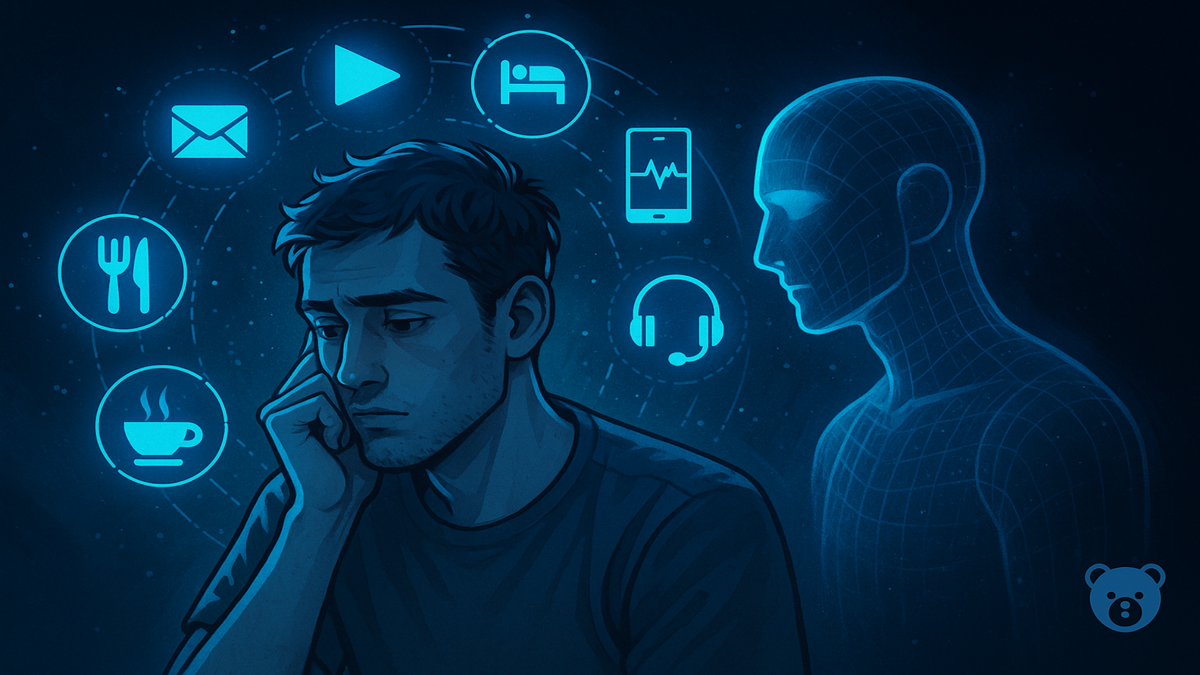 Молодой человек в окружении цифровых привычек — как незаметно ИИ стал частью твоей жизни.