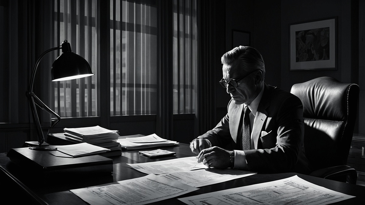 Директор за рабочим столом поздим вечером читает отчет главбуха 