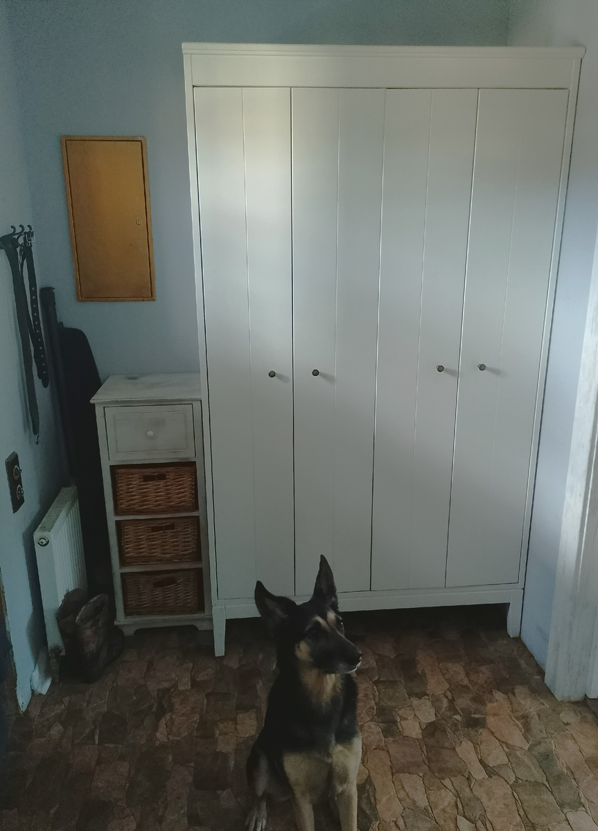 Гардороб с дверками-гармошками IDANAS дизайнера Francis Cayouette. С цветопередачей что-то не то, стены того же светло-серого цвета, что и на всем первом этаже, а пол не грязный, а темный весь. На фото высветлен участок под дверью - пробивается свет из гостиной