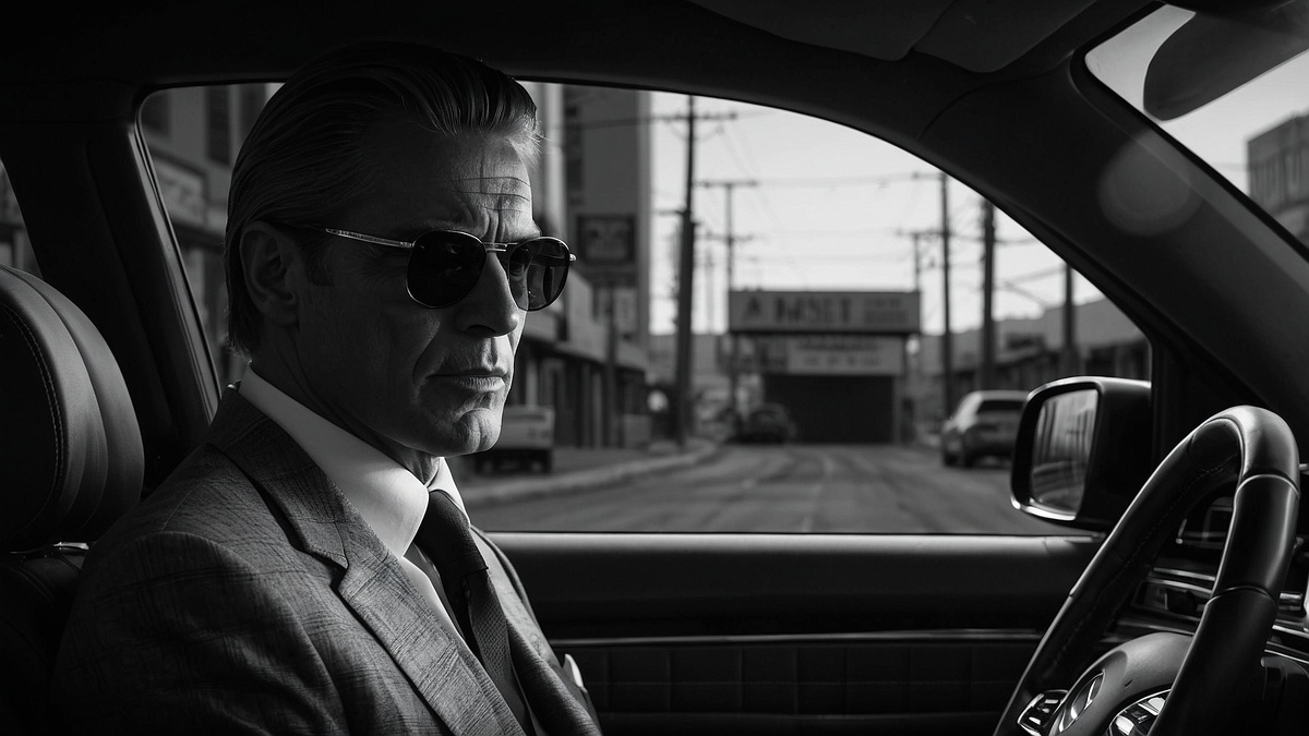 Бизнесмен в костюме за рулем дорогого автомобиля