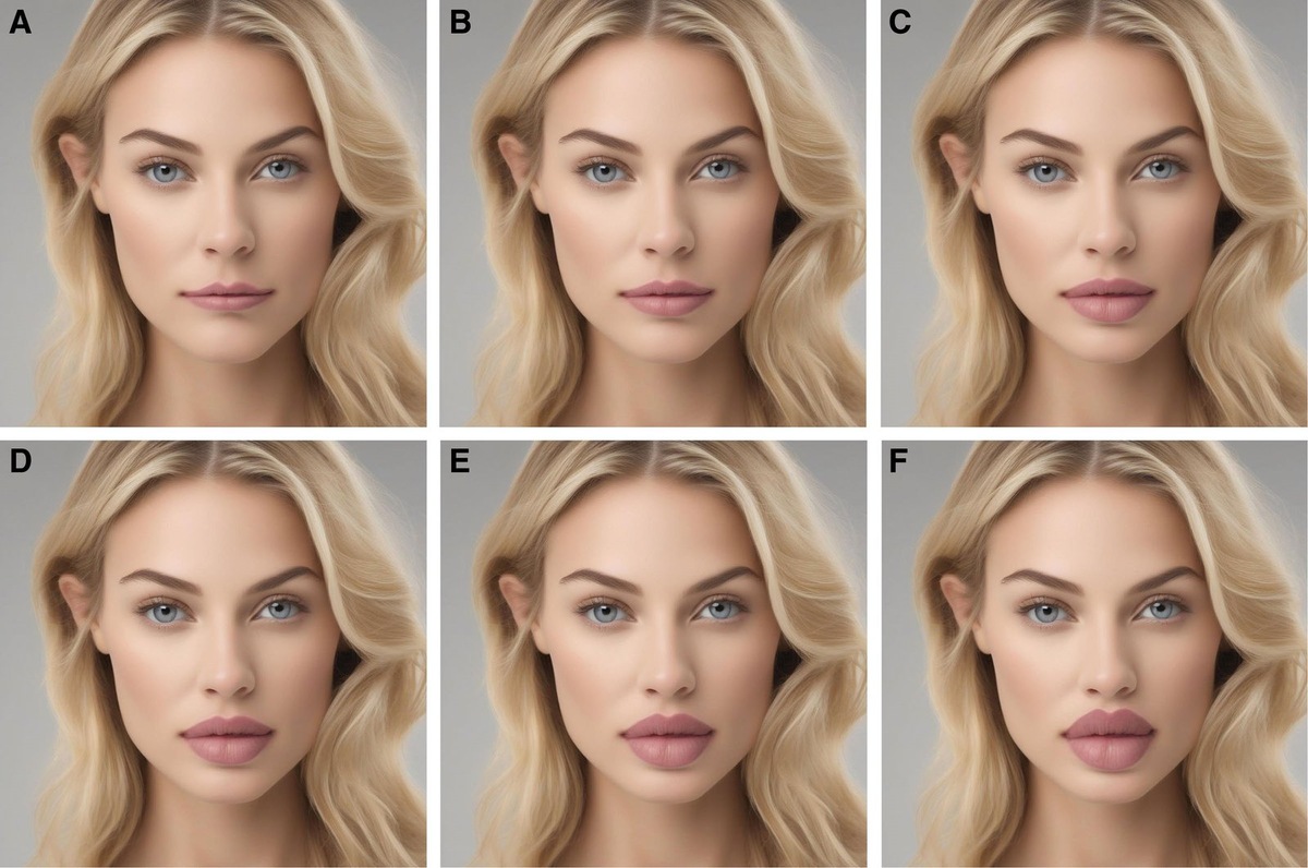    Первая группа изображений в эксперименте: объем губ варьируется, но пропорции «золотого соотношения» остаются постоянными