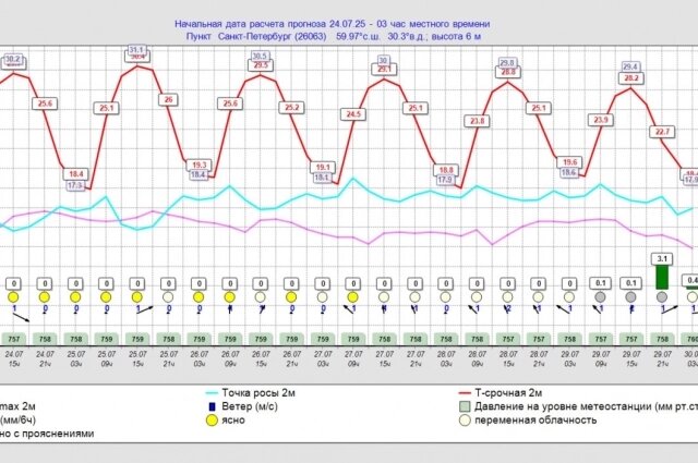    График погоды с 24 по 30 июля 2025 года Фото: Telegram-канал «Александр Колесов. О погоде в Петербурге».