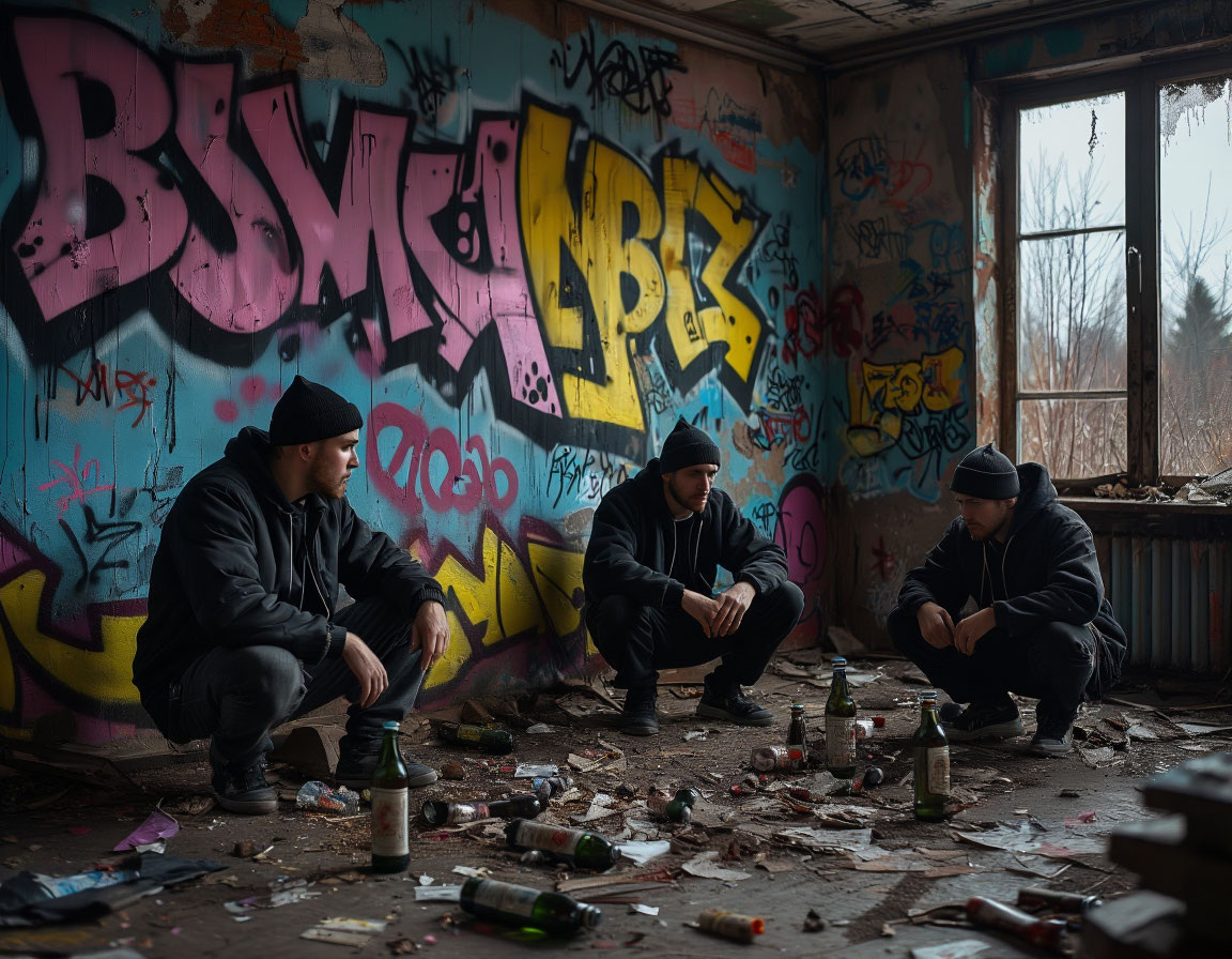 гопники в заброшенном клубе, сгенерировано ИИ