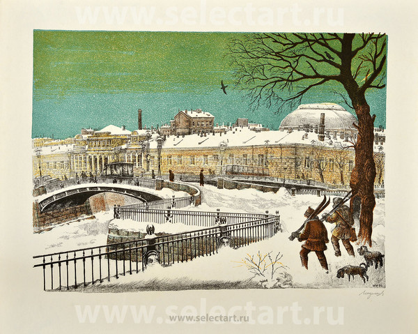 © Михаил Иофин. Лыжники. Цветная автолитография. 1984 г. Эту работу можно рассматривать и как оммаж П. Брейгелю ст. и его «Охотникам на снегу» - М.Л.                                                                                            Примечание. Эта и еще одна работа из триптиха "Утро в Амстердаме" дополнили одну из закрепленных публикаций нашего канала "Брейгельская линия - II".