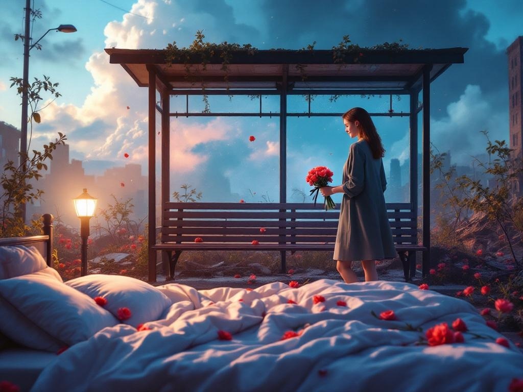    К чему такое снится: Женщина стоит на автобусной остановке, кладет букет из шести красных гвоздик с черной лентой на скамью. Вокруг нее видны разрушения и признаки военных действий.