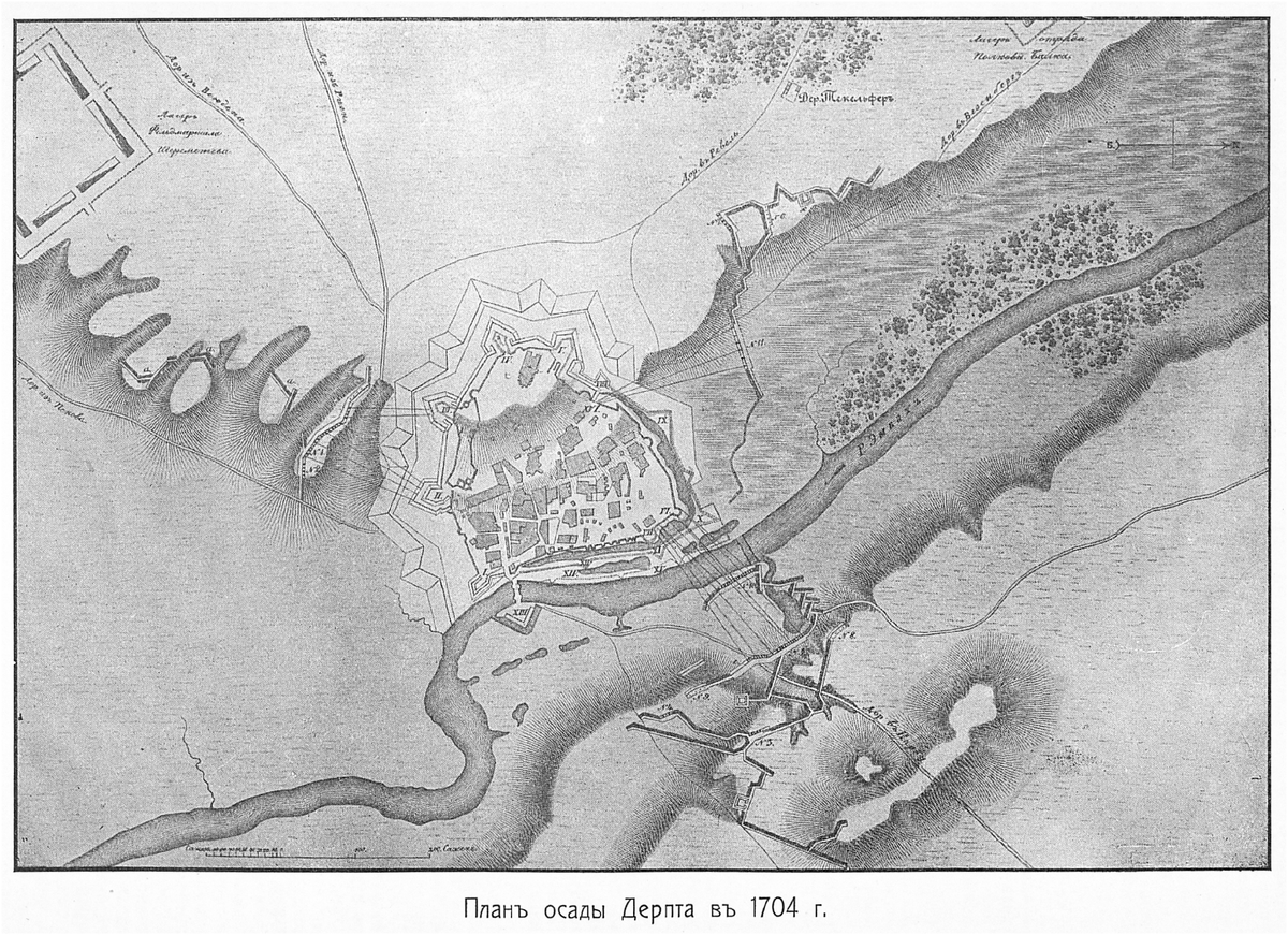 План осады Дерпта в 1704 г. Ссылка: https://runivers.ru/conflicts/actions/osada_derpta Осада Дерпта (швед. Belägringen av Dorpat) — осада и взятие после штурма русскими войсками Петра I шведской крепости Дерпт в Ливонии в 1704 году. Ссылка: https://ru.wikipedia.org/wiki/Осада_Дерпта_(1704) Русская армия осадила Дерпт, в течение 1,5 месяцев вела артиллерийский обстрел города и затем взяла его штурмом. корпус - генерал-фельдмаршал Борис Петрович Шереметев; с 3 июля - царь Петр I. Корпус - пехотные полки: фон Шведена, Айгустова, Мевса, фон Дельдена, Николая Балка, Англера, Федора Балка, Шкотта, Гассениуса, Геренка, Келина и Рыддера; стрелецкие полки: Вестова и Палибина; драгунские полки: Боура, Кропотова, Игнатьева, Мещерскаго, Инфлента, Григорова и Гагарина; иррегулярные полки Назимова и Мурзенка. Ссылка: https://runivers.ru/conflicts/actions/osada_derpta 13 (24-го по новому стилю) июля 1704 г. во время Северной войны русскими войсками была взята шведская крепость Дерпт (древнерусский город Юрьев, ныне эстонский город Тарту). Во взятии Дерпта участвовал пехотный полк полковника Ивана Ивановича Рыдера (Рыддера, Ридера), который после нескольких переименований в 1708 году получит постоянное название Вологодский солдатский (пехотный) полк (с 1790 года - 2-й по счёту Астраханский гренадерский полк - будущий 12-й гренадерский Астраханский Императора Александра III полк).