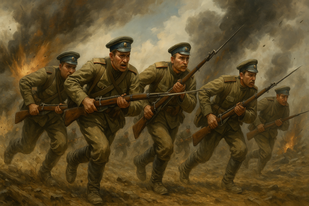 Русские солдаты наступают в Восточной Пруссии в августе 1914 года - начало трагической операции армии Самсонова.