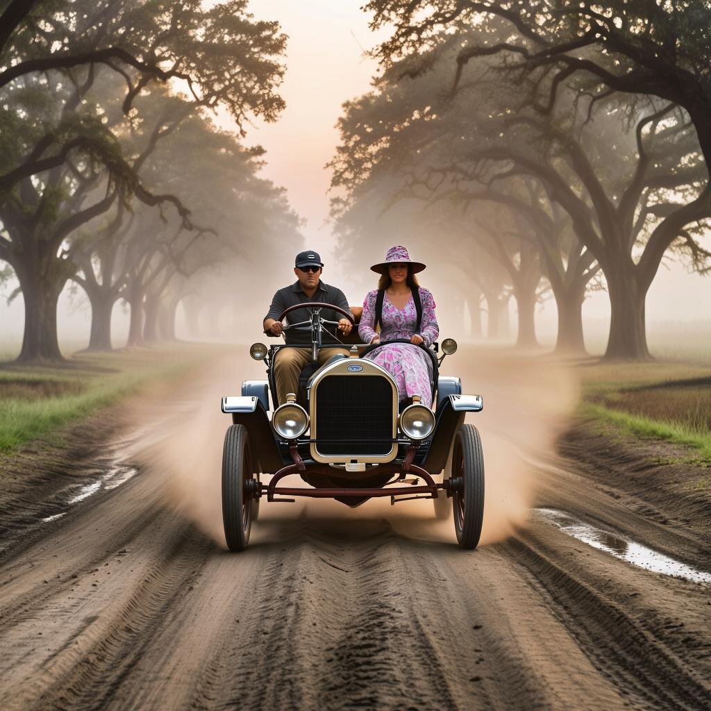Первый Вздох Стального Коня. Рассвет. Туман стелется над ухабистой грунтовой дорогой, окутывая старые дубы. В центре – приземистый, угловатый силуэт. Это Ford Model T (1908г.), черный, как смоль, с высокими колесами и фарами-свечами. За рулем – человек в кепке и очках-велосипедах, его лицо – смесь восторга и легкого страха. Рядом, на деревянной скамье – дама в длинном платье и шляпке с цветами, крепко вцепившаяся в борт. Сзади – лишь облако пыли и удивленные лица редких прохожих с лошадьми. Воздух пахнет маслом, бензином и влажной землей.