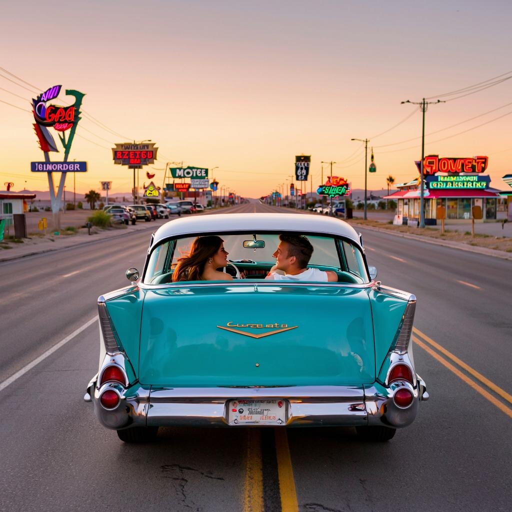 Рокот Эпохи Хрома и Стали. Закат над бесконечным шоссе Route 66. На переднем плане – Chevrolet Bel Air 1957 года в ослепительно-бирюзовом цвете с белыми "плавниками" на задних крыльях, похожими на крылья реактивного истребителя. Хром сияет, отражая оранжевое небо. Из открытых окон льется рок-н-ролл. Внутри – улыбающаяся пара: он в кожаной куртке, она с платком на ветру. За рулем – уверенность и стиль. По сторонам мелькают неоновые вывески мотелей и закусочных.