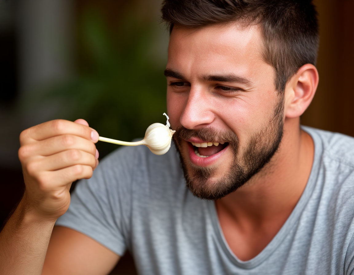мужчина ест чеснок
