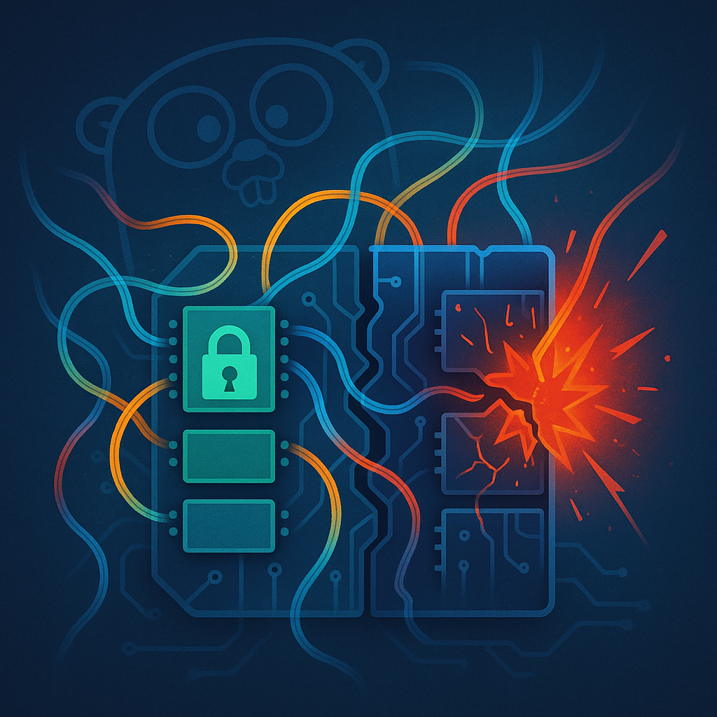 Разломанный микрочип: слева зелёный сегмент с замком символизирует безопасность памяти, справа красный сегмент трескается и вспыхивает от гонки потоков. Перепутанные цветные «нити» потоков пронизывают схему, а в фоне полупрозрачный силуэт Go‑грофера напоминает, что проблема спрятана внутри языка