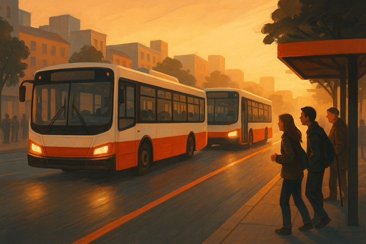 Две городские маршрутки идут «паровозиком» по красной выделенной полосе; раннее утро, тёплый золотистый свет, прохожие на остановке удивлённо наблюдают за сблизившимися автобусами — визуализация эффекта «слияния».