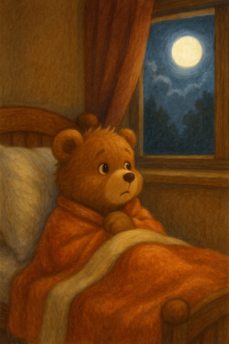 Медвежонок под одеялом, настороженно смотрит в окно