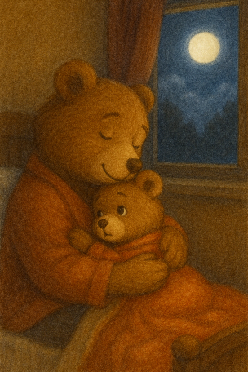Мама обнимает Медвежонка, а за окном — луна и тихий свет