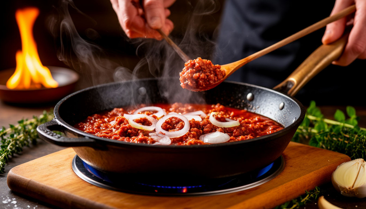 Момент превращения - когда фарш, лук и томаты становятся соусом для лазаньи