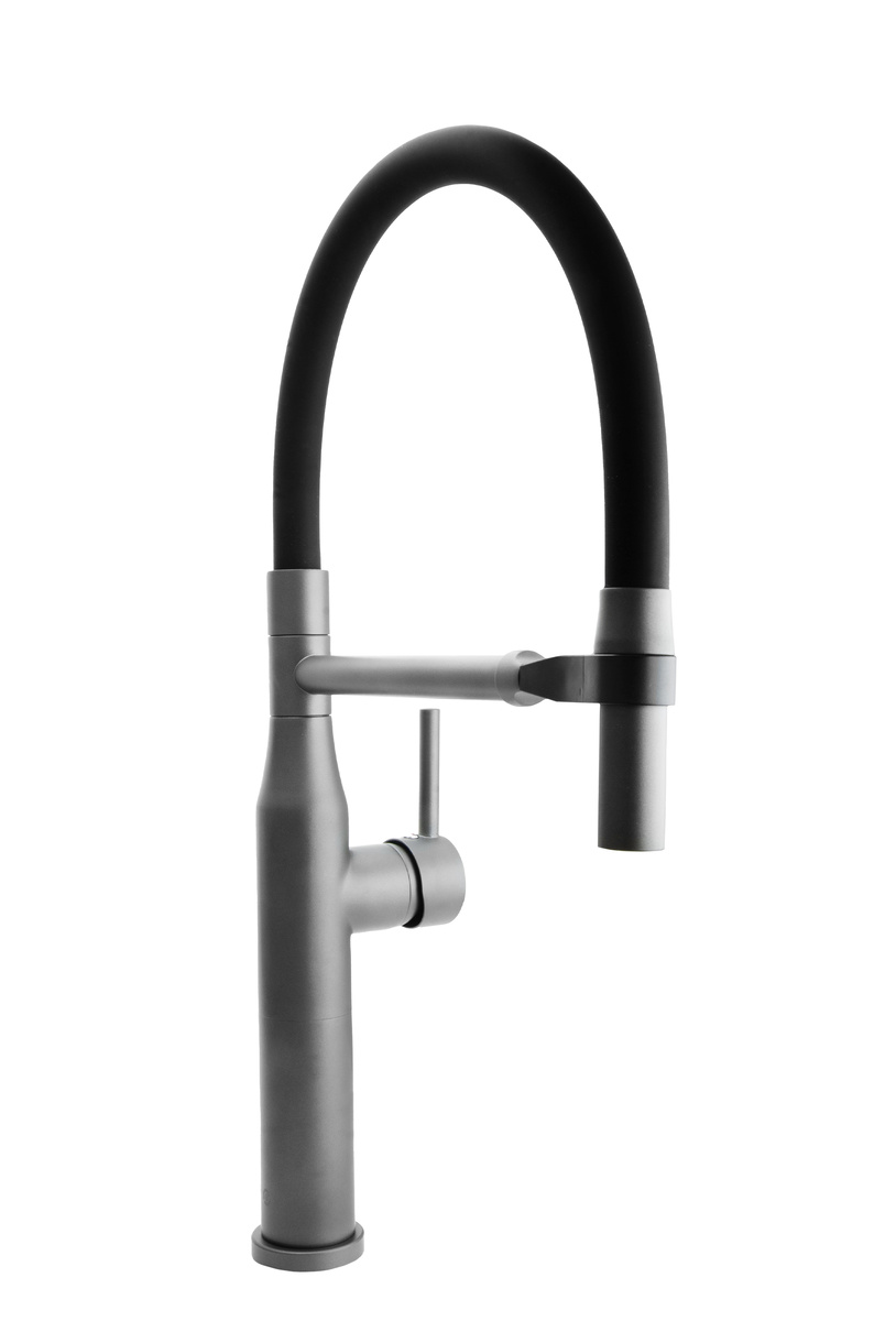 Смеситель Кухня SANTREK AQUA-1023 "PRESTIGE" (SAP-1023) шар. d-35 с гибким силиконовым изливом (оружейная сталь/черн), магнитный держатель