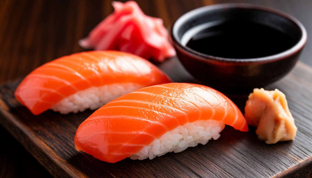 Аппетитные традиционные японские нигири суши с лососем крупным планом