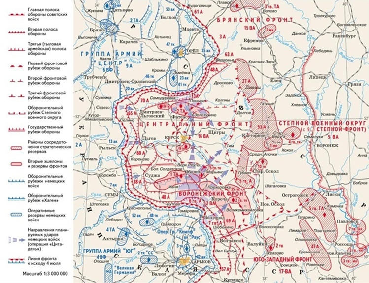 Карта 1. Состояние советских фронтов и армий Вермахта к исходу 04.07.1943 года перед началом Курской битвы.